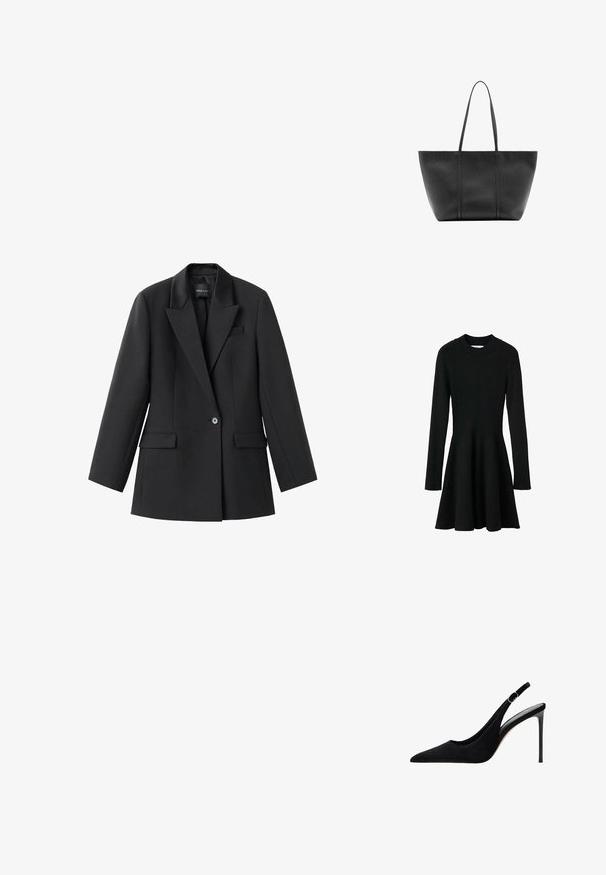Schwarzes, geripptes Langarmkleid mit tailliertem Oberteil und ausgestellt Rock. Mit rundem Ausschnitt und strukturiertem Strickstoff.; Schwarzer Blazer aus glattem Stoff, mit Reverskragen, einem einzelnen Knopfverschluss und zwei seitlichen Taschen. Taillierte Passform mit langen Ärmeln.; Schwarzer Wildleder-Slingback mit hohen Absätzen, spitzer Zehenform, dünnem Absatz und verstellbarem Riemen mit goldfarbenem Akzent.; Schwarze Ledertasche mit langen schlanken Henkeln, einer strukturierten Oberfläche und einem weit geöffneten oberen Bereich.