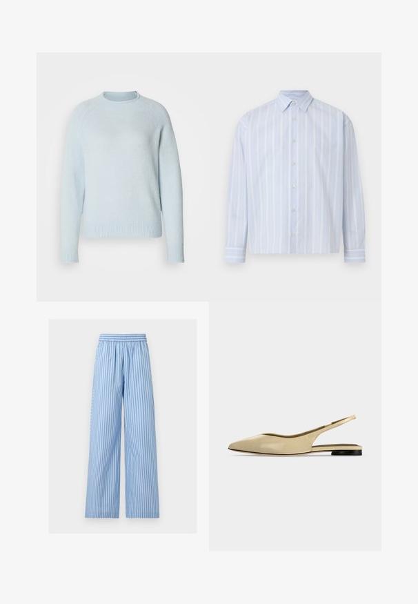 Pull bleu clair en matériau doux avec un col rond et des poignets et un ourlet côtelés. Doté d'un design simple et classique.; Chemise bleu clair à manches longues avec boutons, fines rayures blanches verticales et col pointu sur fond uni.; Pantalon bleu clair à jambes larges avec fines rayures verticales bleu foncé et une taille élastique.; Chaussure plate beige à bout pointu avec bride arrière, petit talon noir et finition en cuir lisse, vue de côté sur un fond uni.