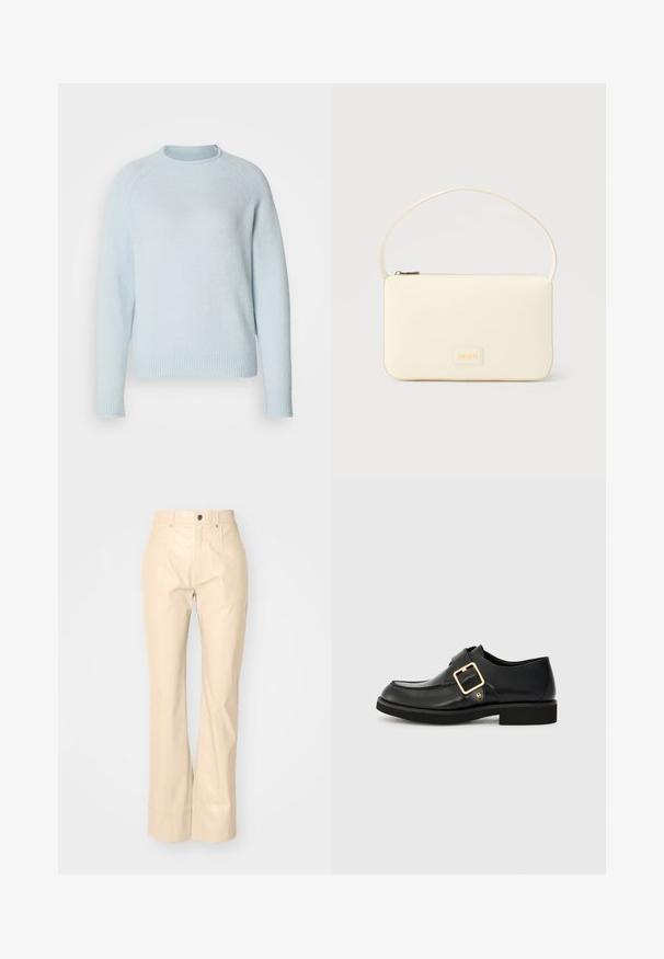 Suéter azul claro hecho de material suave, con un escote redondeado y puños y dobladillo acanalados. Presenta un diseño simple y clásico.; Pantalones acampanados de imitación de cuero beige con una textura suave, que cuentan con bolsillos frontales, cierre de botón y un acabado ligeramente brillante.; Zapato de cuero negro con punta redonda, que cuenta con una hebilla dorada y una suela de goma plana. Textura suave con detalles de costura sutil.; Bolso rectangular color crema con una sola correa y cremallera superior, con una pequeña placa de logotipo en relieve en el frente.