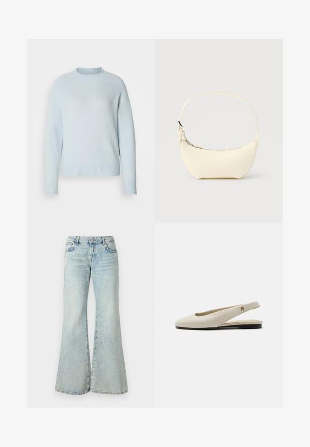 Lichtblauwe trui van zacht materiaal met een ronde halslijn en geribbelde manchetten en zoom. Heeft een eenvoudig, klassiek ontwerp.; Lichtblauwe flared jeans van denim, met een hoge taille, zakken en rafelige zomen. De stof heeft een vervaagde wassing en een subtiele textuur.; Crèmekleurige leren slingback platte schoen met ronde neus en klein gouden embleem op het bandje.; Kleine, maansikkelvormige handtas van roomkleurig leer met een enkele riem en een ritssluiting aan de bovenkant, afgebeeld op een effen achtergrond.
