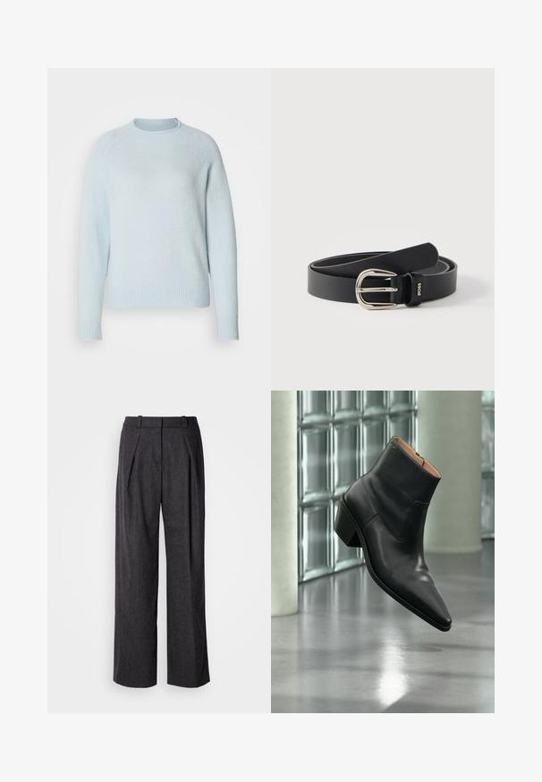 Hellblauer Pullover aus weichem Material mit rundem Halsausschnitt und gerippten Ärmelbündchen sowie Saum. Besitzt ein einfaches, klassisches Design.; Dunkelgraue weite Hosen aus strukturiertem Stoff, mit vorderen Falten und einem klassischen Taillendesign. Keine sichtbaren Taschen.; Schwarzer Leder-Stiefelette mit spitzer Schuhspitze und Blockabsatz, der über einem reflektierenden grauen Boden nahe einer Glassteinwand schwebt.; Schwarzer Ledergürtel mit silberner runder Schnalle und kleinem „BOSS“-Logo an der Gürtelschlaufe, zusammengerollt vor einfarbig hellem Hintergrund.