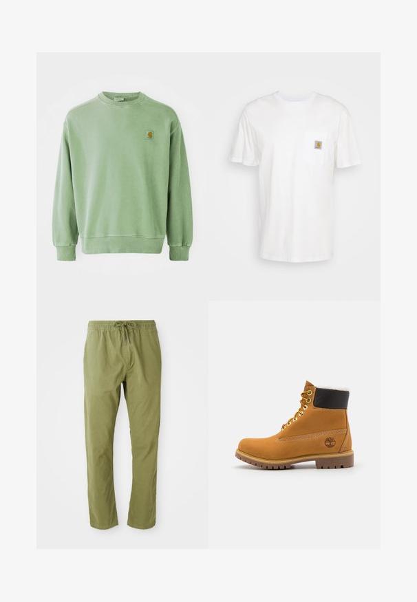 Sudadera verde claro de algodón, con cuello redondo, puños acanalados y un pequeño parche con logo en el lado izquierdo del pecho. Textura suave.; Camiseta de algodón blanca con mangas cortas, un bolsillo en el pecho y un pequeño parche cuadrado de logo en naranja y blanco en el bolsillo.; Pantalones de corte relajado en verde oliva con cinturilla elástica y cordón. Confeccionados en una tela suave con una textura lisa y perneras rectas.; Botín de cuero marrón con ojales de metal, forro de piel sintética blanca, cuello acolchado negro, suela resistente y logotipo en relieve en el costado.