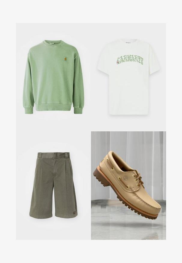 Sudadera verde claro de algodón, con cuello redondo, puños acanalados y un pequeño parche con logo en el lado izquierdo del pecho. Textura suave.; Camiseta de algodón blanco con mangas cortas y cuello redondo, con diseño de texto en verde y detalles florales.; Pantalones cortos de color verde oliva, fabricados con una mezcla de algodón. Presentan pliegues y un corte recto, con una pequeña etiqueta de la marca en el lateral.; Zapato náutico de cuero marrón claro con suela gruesa y estriada y detalles de cordones, flotando sobre un suelo de mármol y un fondo de persianas verticales blancas.