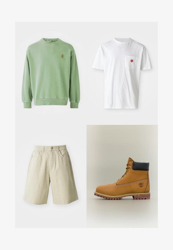 Sudadera verde claro de algodón, con cuello redondo, puños acanalados y un pequeño parche con logo en el lado izquierdo del pecho. Textura suave.; Camiseta de algodón blanca con escote redondo y mangas cortas. Presenta un pequeño logo de corazón rojo en el bolsillo izquierdo del pecho.; Pantalones cortos de cuadros beige, fabricados en un tejido ligero, con dos bolsillos laterales, un cierre de botón y un diseño de ajuste relajado.; Bota de tobillo de cuero marrón con cuello negro, cordones amarillos y suela beige. Presenta un logotipo y detalles de costura blanca. Suela exterior con tracción robusta.