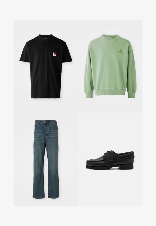 Sudadera verde claro de algodón, con cuello redondo, puños acanalados y un pequeño parche con logo en el lado izquierdo del pecho. Textura suave.; Camiseta de algodón negra con escote redondo, mangas cortas y bolsillo en el pecho izquierdo que presenta un parche en forma de corazón rojo con texto blanco.; Jeans de mezclilla azul con un diseño de pierna recta, que cuentan con cinco bolsillos, un cierre de botón y un ligero desgaste en la parte frontal.; Zapato negro con parte superior de cuero, acentos de textil, cordones redondos y suela de goma texturizada. Presenta costura de mocasín y detalle de marca.