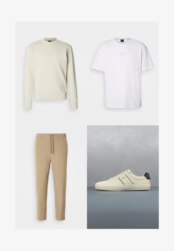 Flødefarvet sweatshirt med ribbet rund halsudskæring og manchetter. Har en fremhævet "BOSS"-logo på forsiden. Blød, glat stoftekstur.; Hvid bomulds T-shirt med korte ærmer, rund halsudskæring og præget "BOSS" logo på brystet. Glat tekstur, standard pasform.; Beige, tapered bukser med elastisk talje og snor. Glat stof med et rent design uden synlige mønstre eller hardware.; Cremefarvede sneakers med en glat tekstur, der har sorte accenter og branding. Klassisk snørebåndsdesign med rund tå og gummisål.