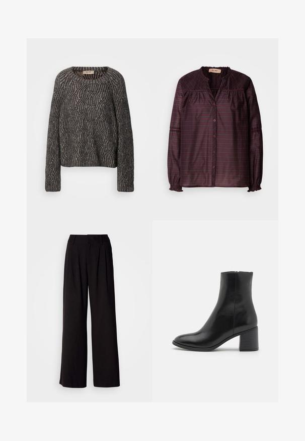 Pull en maille surdimensionné en gris foncé et noir. Présente un motif en vagues avec un léger scintillement et des poignets côtelés. Encolure ras du cou et coupe décontractée.; Mos Mosh SHIRT - Blouse - fudge; Pantalon large noir en tissu lisse, avec des plis à l'avant, une taille ajustée, et sans motifs ni accents visibles.; Bottine en cuir noir avec un bout arrondi, un talon bloc de hauteur moyenne et une finition lisse. Dotée d'une fermeture éclair discrète sur le côté.