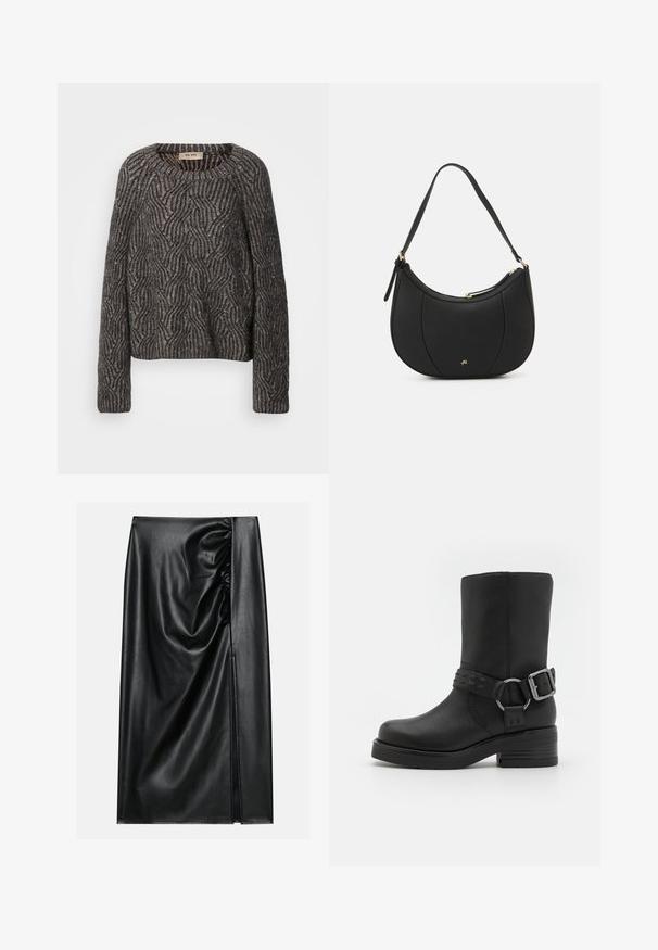 Strikket oversized sweater i mørkegrå og sort. Har et bølge mønster med subtil glans og ribbede ærmer. Rund halsudskæring og afslappet pasform.; Sort læderskirt med en glat overflade, der har en indsamlet sektion på den ene side og en skråning på siden for ekstra detaljer.; Sort læderankelstøvle med rund tå, tyk hæl og en dekorativ spænde-rem omkring anklen. Struktureret finish.; Sort læderhåndtaske med en buet form, struktureret overflade, forreste syninger og et logo i guldfarve. Har en enkelt justerbar rem.