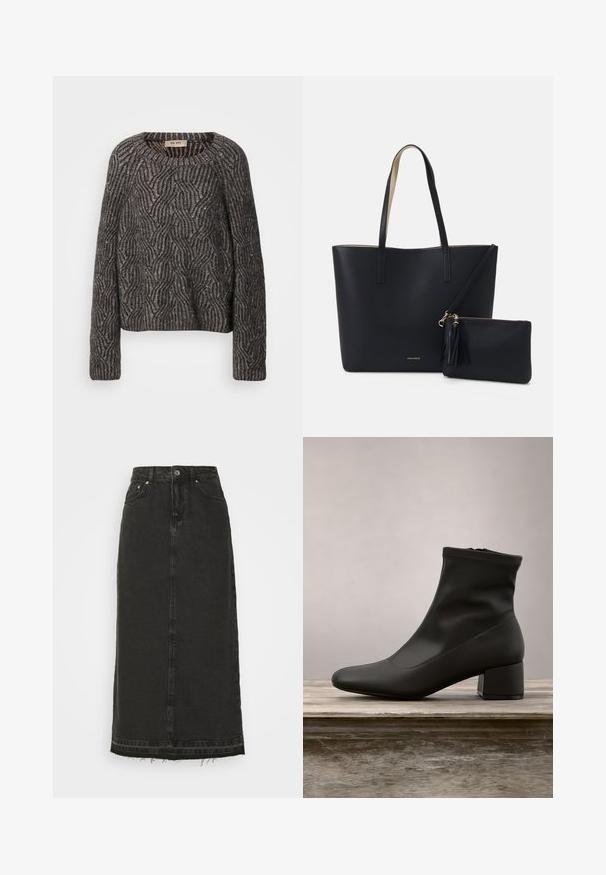 Strikket oversized sweater i mørkegrå og sort. Har et bølge mønster med subtil glans og ribbede ærmer. Rund halsudskæring og afslappet pasform.; Sort denim midi-nederdel med en tætsiddende talje, frontknaplukning og frynset kant. Har klassisk fem-lomme-design og let struktur.; Sort ankelstøvle med en glat, skinnende læderfinish, en skrå blokhælkappe og en tætsiddende, elastisk overdel for en slank silhuet.; Sort tote taske med struktureret materiale, to lange håndtag og en aftagelig lynlåspose med en frynse-detalje. Guld mærkelogo synligt.