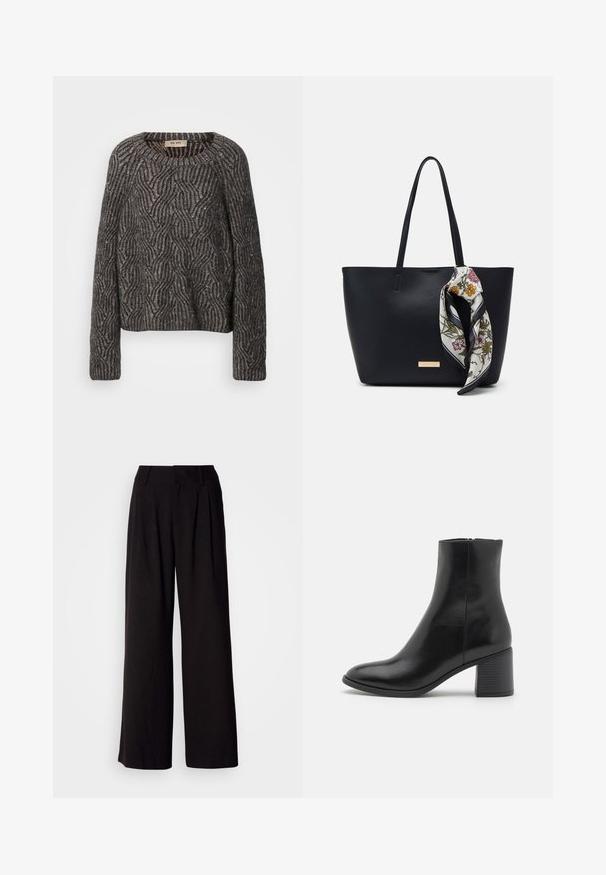 Pull en maille surdimensionné en gris foncé et noir. Présente un motif en vagues avec un léger scintillement et des poignets côtelés. Encolure ras du cou et coupe décontractée.; Pantalon large noir en tissu lisse, avec des plis à l'avant, une taille ajustée, et sans motifs ni accents visibles.; Bottine en cuir noir avec un bout arrondi, un talon bloc de hauteur moyenne et une finition lisse. Dotée d'une fermeture éclair discrète sur le côté.; Sac fourre-tout en cuir noir avec deux poignées, orné d'une écharpe en soie florale attachée à la poignée et d'un accent logo métallique à l'avant.