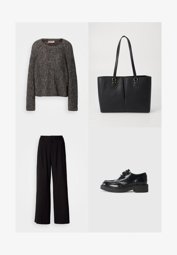 Strikket oversized sweater i mørkegrå og sort. Har et bølge mønster med subtil glans og ribbede ærmer. Rund halsudskæring og afslappet pasform.; Sorte bukser med vid benvidde lavet af glat stof, med folder foran, en tætsiddende talje og uden synlige mønstre eller detaljer.; Sorte læder oxford sko med rund tå, snørebåndsdesign og en tykk sort gummisål. Glat tekstur og minimale syninger.; Sort faux læder tote taske med en tekstureret finish, to lange håndtag og hardware i guld tone-accenter på siden. Rektangulær form.