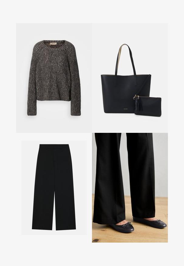 Strikket oversized sweater i mørkegrå og sort. Har et bølge mønster med subtil glans og ribbede ærmer. Rund halsudskæring og afslappet pasform.; Breddebenede sorte bukser lavet af et glat stof. Har en flad talje med bæltestropper og ingen synlige lommer. Simpelt design.; Sort bukser med bredde ben og en struktureret overflade, parret med flade sko med en sløjfe og et subtilt krokodillepræget design i sort.; Sort tote taske med struktureret materiale, to lange håndtag og en aftagelig lynlåspose med en frynse-detalje. Guld mærkelogo synligt.