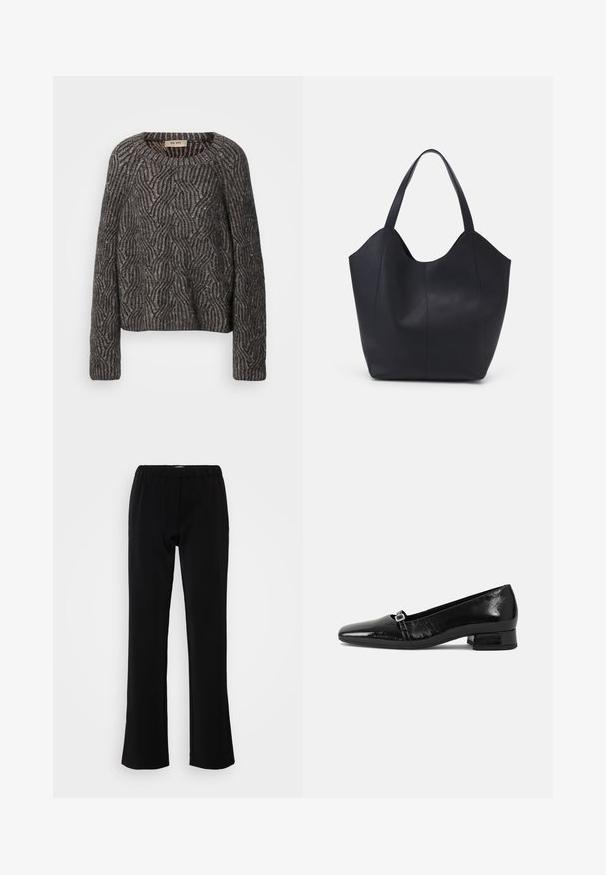 Strikket oversized sweater i mørkegrå og sort. Har et bølge mønster med subtil glans og ribbede ærmer. Rund halsudskæring og afslappet pasform.; Sorte bukser med flare-design, lavet af et glat stof. Har et elastisk bælte for komfort og en ren, enkel silhuet.; Sorte patentlæder balletflade med spids tå, lav firkantet hæl og en lille metallisk spænde detalje på remmen. Glat tekstur.; Sort tote taske lavet af glat læder, med en buet, åben top, to skulderstropper og et minimalistisk design.