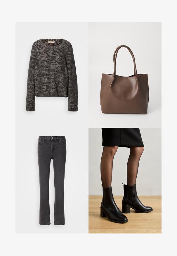 Strikket oversized sweater i mørkegrå og sort. Har et bølge mønster med subtil glans og ribbede ærmer. Rund halsudskæring og afslappet pasform.; Sorte denim jeans med lige pasform, der har forlommer, lynlås og subtile stiksyninger. Stoffet har en let tekstur.; Anna Field by Zalando Støvletter - black; Brun læder tote taske med to lange håndtag, struktureret form, glat tekstur og minimalistisk design. Ingen synligt hardware eller accenter.