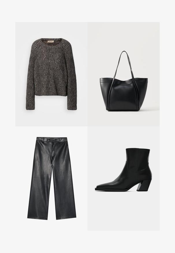 Texturiertes, oversized Sweatshirt in Dunkelgrau und Schwarz. Verfügt über ein Wellenmuster mit subtiler Schimmerwirkung und gerippten Bündchen. Rundhalsausschnitt und lockere Passform.; Schwarze Leder-Hose mit weiter Beinform, glatter Textur, Gürtelschlaufen und einem Reißverschluss vorne. Sie zeichnet sich durch eine lockere Passform und saubere Nähte aus.; Schwarze Leder-Stiefelette mit spitzem Zeh, schlanker Silhouette und klobigem quadratischem Absatz. Glatte Textur mit minimalen Nähdetails.; Schwarze Ledertasche mit zwei langen Henkeln und einem leicht gebogenen oberen Rand, vor einem schlichten hellen Hintergrund präsentiert.