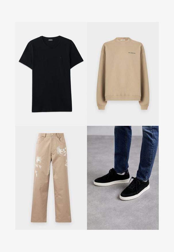 Beige crewneck-sweatshirt med lange ærmer og lille "HOLZWEILER"-logo på venstre bryst.; Dondup SLIM FIT - T-shirts basic - black; Beige bomuldsbukser med lige ben, der har hvid blomsterbroderi foran og almindelige lommer.; Sorte ruskind sneakers med en hvid gummisål, der har et klassisk low-top design, rundt tå og flade sorte snørebånd.