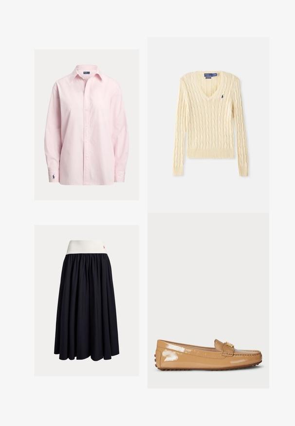 Jersey de punto trenzado color crema con cuello en V, mangas largas y pequeño logo azul oscuro de Polo Ralph Lauren en el pecho izquierdo.; Camisa rosa claro abotonada hecha de una suave mezcla de algodón, con cuello estándar, mangas largas y un pequeño logo bordado en el puño.; Falda hasta la rodilla en tela azul marino oscuro con una cinturilla elástica blanca. Con un diseño plisado y un pequeño logo rojo como detalle.; Mocasines de charol beige con un acento dorado, punta redonda y suela de goma texturizada. Textura suave y diseño minimalista.