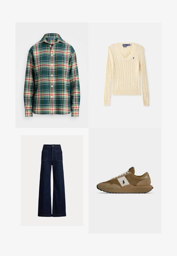 Kabelstrikket cremet sweater med V-hals, ribbede ærmer og kant. Har et lille broderet logo på venstre bryst. Blød tekstur.; Langærmet skjorte med knaplukning, i grøn, marineblå, hvid, orange og gul plaidmønster, med spredt krave og lille broderet logo på brystet.; Mørkeblå vidde cowboybukser med forlommer, bæltestropper og knaplukning på en enkel lys baggrund.; Brun mesh og ruskind sneakers med hvid sidepanel med sort polo spiller logo og hvide snørebånd på en sort gummisål.