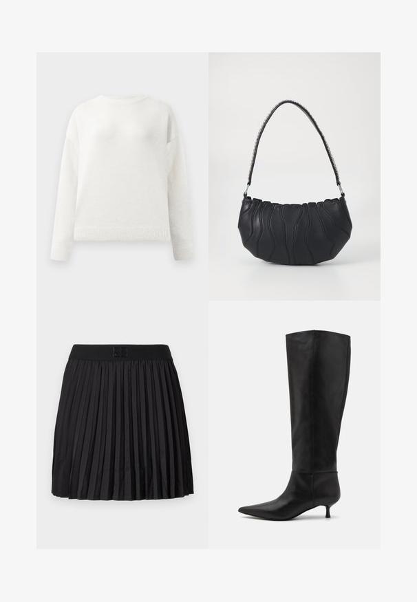 Valkoinen pyöreä kauluksellinen pitkähiha sweater, jossa on ribbireunukset hihansuissa ja helmassa, ja joka on valmistettu pehmeästä, hieman pörröisestä materiaalista.; Mustat laskostetut hameet, joissa on sileä pinta, kiinteä musta vyötärö ja kohokuvioitu logo edessä.; Mustat nahkasaappaat, jotka ulottuvat polven ylle, teräväkärkiset ja kitten heel -korkoiset. Liukas pinta ja minimalistinen muotoilu ilman näkyviä varusteita tai koristeita.; Mustakäsineinen käsilaukku, jossa on kaareva muoto, aaltoileva tikkaus ja hopeaketjusanga. Silkkinen pinta, kompakti koko.