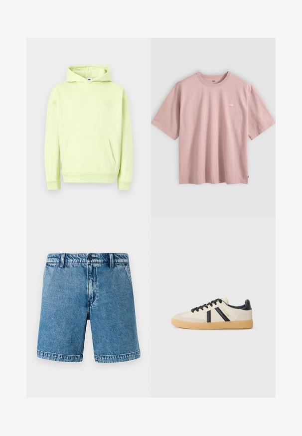 Hellgrüner Kapuzenpullover mit einer frontalen Kängurutasche, gerippten Bündchen und Saum. Verfügt über ein tonal geprägtes "OBEY STUDIOS"-Logo auf der Brust.; Hellrosa kurzärmeliges Baumwoll-T-Shirt mit Rundhalsausschnitt und kleinem rechteckigem Logo auf der linken Brust, vor einfarbigem Hintergrund präsentiert.; Denim-Shorts in Hellblau mit lässiger Passform. Verfügt über das standardmäßige Fünf-Taschen-Design, einen Knopfverschluss und gesäumte Kanten mit subtiler Ausbleichung.; Legere Sneaker in Creme mit schwarzen Streifen, mit einer strukturierten Oberseite und einer Sohle aus Gummi. Die Schnürsenkel sind schwarz. Diskretes Logo an der Seite.