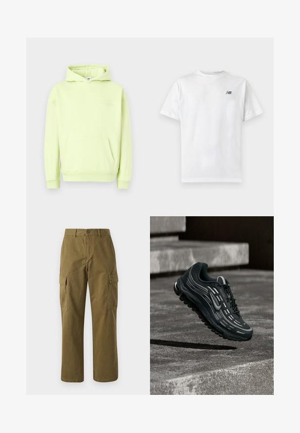 Lys grøn hoodie med en frontpung lomme, ribbede manchetter og kant. Har et tonalt embossed "OBEY STUDIOS" logo på brystet.; Hvid t-shirt med korte ærmer og rund halsudskæring med et lille sort New Balance-logo på øverste venstre bryst på en ensartet lys baggrund.; Oliven grønne cargo bukser lavet af bomuld, med lige ben, front knaplukning og to sidelommer med klaplukninger.; Sort og grå Nike Air Max sneaker, der flyder over grå betontrin med tekstureret jordbaggrund.