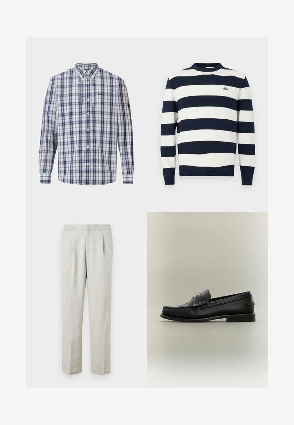 Marineblå og hvid stribet sweater med rund hals, lavet af strikket stof. Har ribbede manchetter og kant, med et lille broderet logo på brystet.; Ruderet skjorte i blå og hvid med klassisk krave, lange ærmer og et lille broderet logo på brystet.; Lysegrå bukser med tekstureret stof, der har lige snit, plisseret front og standard talje. Ingen synlige lommer eller accenter.; Sort læder slip-on loafer med lav hæl, guldbeslag og præget mærkenavn på siden mod en neutral baggrund.