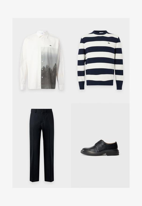 Pull rayé bleu marine et blanc avec un col rond, en tissu tricoté. Présente des poignets et un ourlet côtelés, avec un petit logo brodé sur la poitrine.; Chemise blanche à manches longues avec boutons, ornée d'un paysage forestier en niveaux de gris imprimé sur le côté droit avant et d'un petit logo de crocodile vert.; Pantalon de costume noir droit avec passants pour ceinture et fermeture éclair à l'avant, présenté sur un fond blanc.; Chaussure oxford en cuir noir avec un bout rond, un laçage à l'avant et un petit talon empilé, sur fond clair.