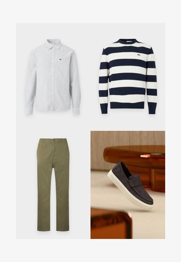 Pull rayé bleu marine et blanc avec un col rond, en tissu tricoté. Présente des poignets et un ourlet côtelés, avec un petit logo brodé sur la poitrine.; Chemise à manches longues à rayures bleu clair et blanche. Tissu en coton, col pointu, avec un petit logo vert sur la poche poitrine.; Pantalon en coton léger de couleur vert olive avec une taille élastiquée, une fermeture à boutons, et une coupe droite. Pas de motifs ou accents visibles.; Chaussure en daim gris foncé à enfiler avec semelle blanche, flottant au-dessus d'un tapis beige, avec un mobilier translucide de couleur ambre en arrière-plan.