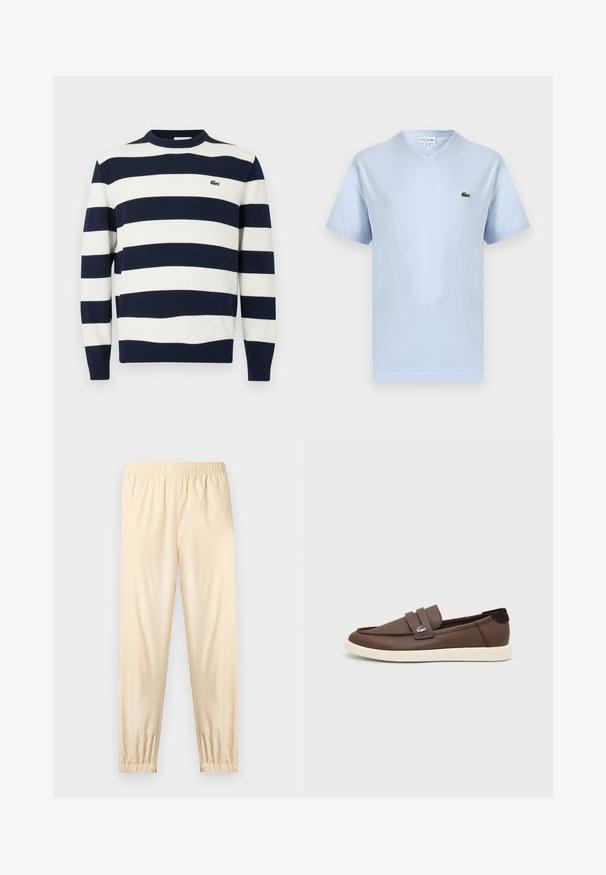Pull rayé bleu marine et blanc avec un col rond, en tissu tricoté. Présente des poignets et un ourlet côtelés, avec un petit logo brodé sur la poitrine.; T-shirt bleu clair à col en V et manches courtes avec petit logo crocodile vert Lacoste sur le côté gauche de la poitrine.; Pantalon beige clair à taille élastique avec poignets froncés, coupe droite et tissu lisse, présenté sur un fond clair uni.; Mocassin en cuir marron avec semelle en caoutchouc blanche, design slip-on et petit logo crocodile métallique sur la lanière latérale.