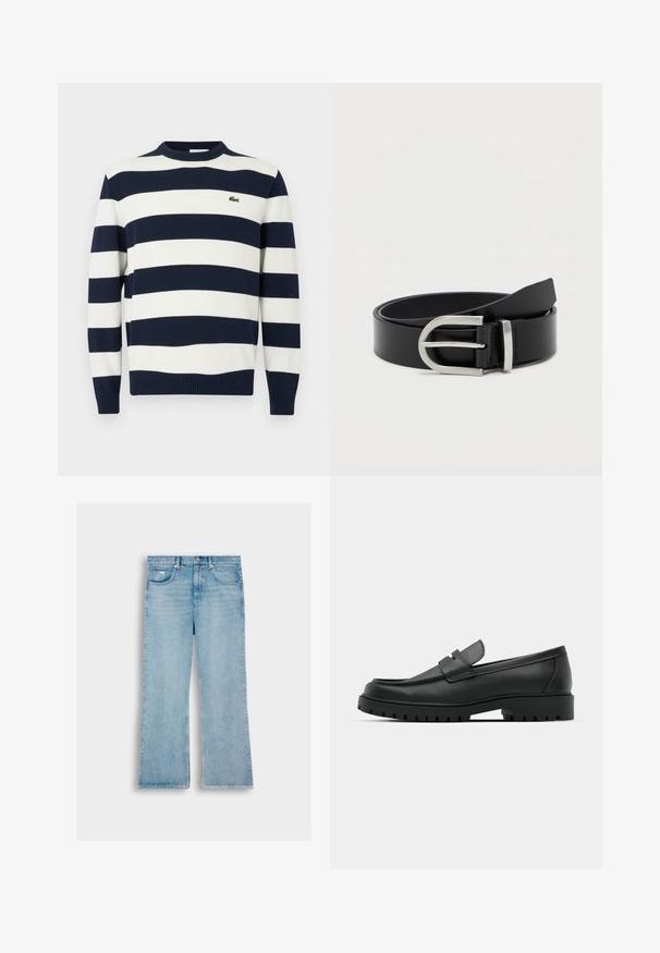 Marineblå og hvid stribet sweater med rund hals, lavet af strikket stof. Har ribbede manchetter og kant, med et lille broderet logo på brystet.; Lyseblå denimbukser med lige ben, der har fem lommer, knaplukning og syning langs sømmene.; Sorte læder loafers med rund tå, der har et syet design, lav platformssål og en struktureret, skridsikker gummisål.; Sort læderbælte med en glat overflade, der har en sølvmetalklausul og en klassisk rektangulær form.