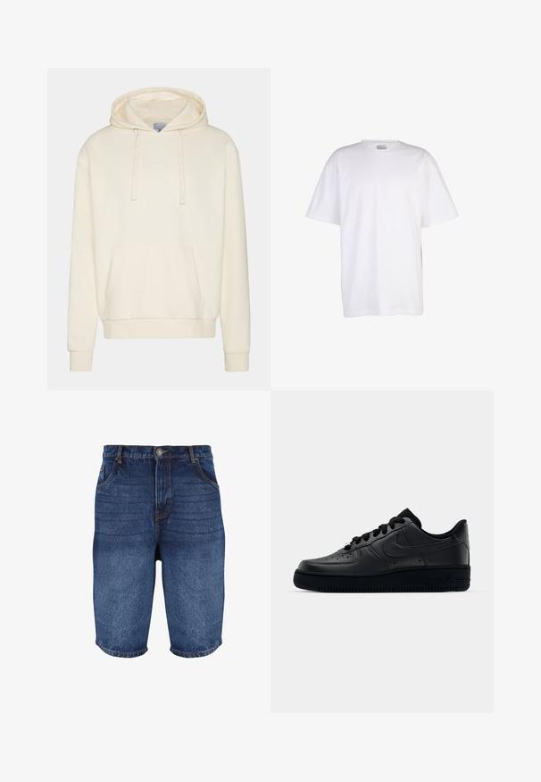 Cremefarbener Hoodie mit Kordelzügen, Kängurutasche, gerippten Bündchen und Saum. Verfügt über ein dezentes, weißes, gesticktes Logo auf der Brust.; Schlichtes weißes Kurzarm-T-Shirt aus Baumwolle mit rundem Ausschnitt und lockerem Schnitt, auf weißem Hintergrund dargestellt.; Dunkelblaue Denim-Shorts mit einem verblassten Finish. Verfügt über fünf Taschen, einen frontalen Knopfverschluss und gestickte Details entlang der Nähte.; Schwarzer Nike Air Force 1 Schuh mit einem glatten Lederoberteil, perforierter Zehenpartie für Atmungsaktivität, schwarzen Schnürsenkeln und einer strukturierten Gummisohle.