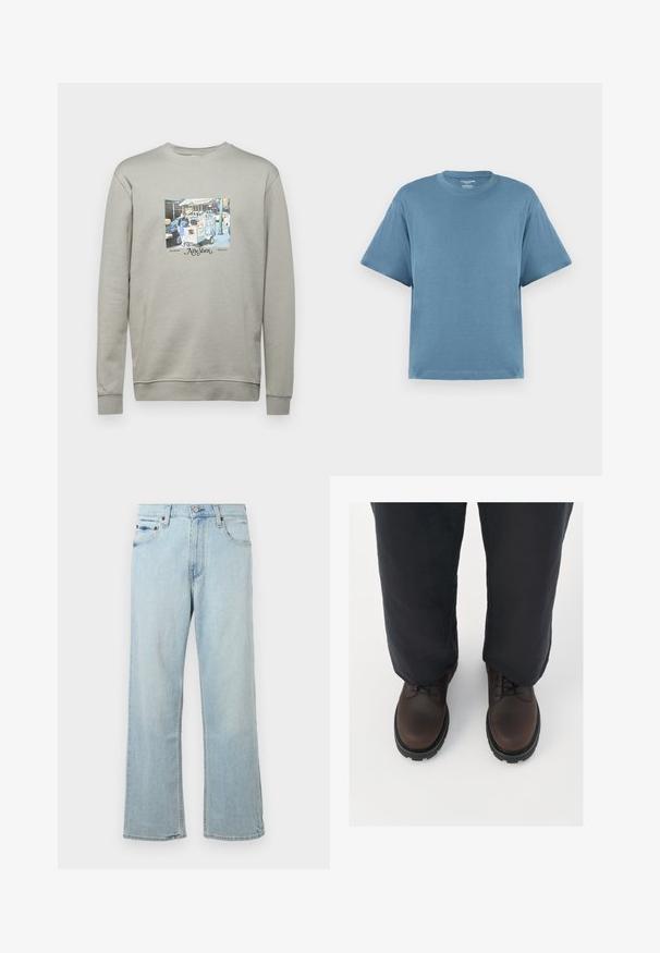 Grauer Sweatshirt aus Baumwollmischung; mit einem zentralen grafischen Druck einer Imbisswagenszene und dem Text "New York" in dekorativer Schrift.; Blaues T-Shirt mit kurzen Ärmeln, aus Baumwolle, mit Rundhalsausschnitt und lockerer Passform. Glatte Textur, minimalistisches Design, ohne Muster oder Akzente.; Hellblaue Denim-Jeans mit einem lockeren, weit geschnittenen Design. Verfügt über fünf Taschen, Gürtelschlaufen und einen Reißverschluss mit Knopfverschluss.; Braune Leder-Schnürschuhe mit runder Zehenform, schwarzer Gummisohle und strukturierten Details, kombiniert mit locker sitzenden dunklen Hosen.