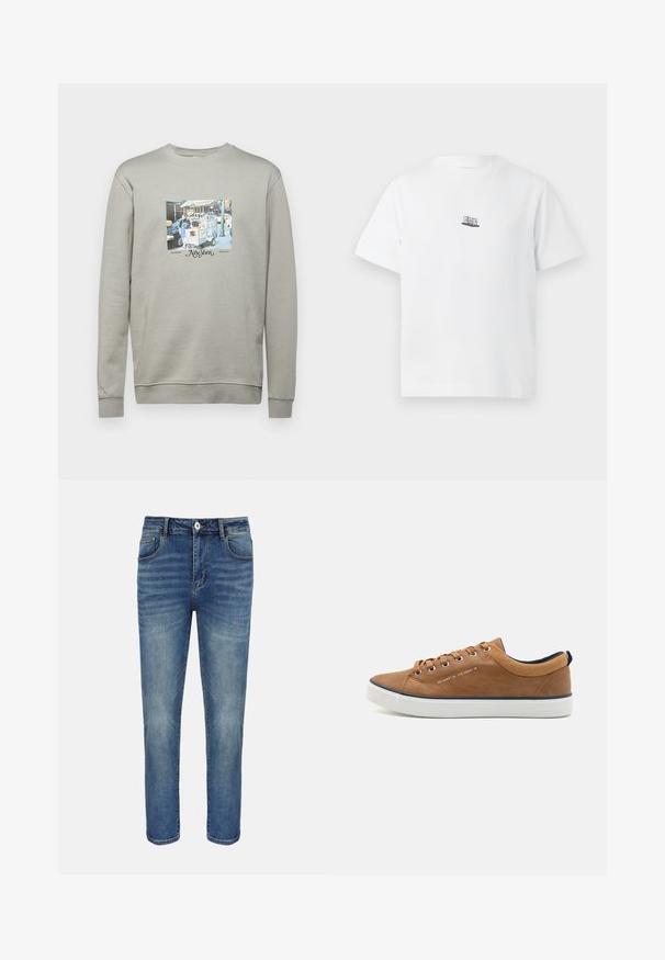 Grijze sweatshirt van een katoenmengsel; voorzien van een centrale grafische print van een voedselwagen-scenario en de tekst "New York" in decoratieve schrift.; Witte T-shirt met korte mouwen en een kleine zwarte, rode en witte Newtonschommelafbeelding in het midden van de borst.; Blauwe straight-leg spijkerbroek met knoop- en ritssluiting aan de voorkant, riemlussen en voor- en achterzakken.; Bruine leren sneakers met een ronde neus, witte zool en marineblauwe accenten. Voorzien van metalen oogjes en een gestructureerde kraag.