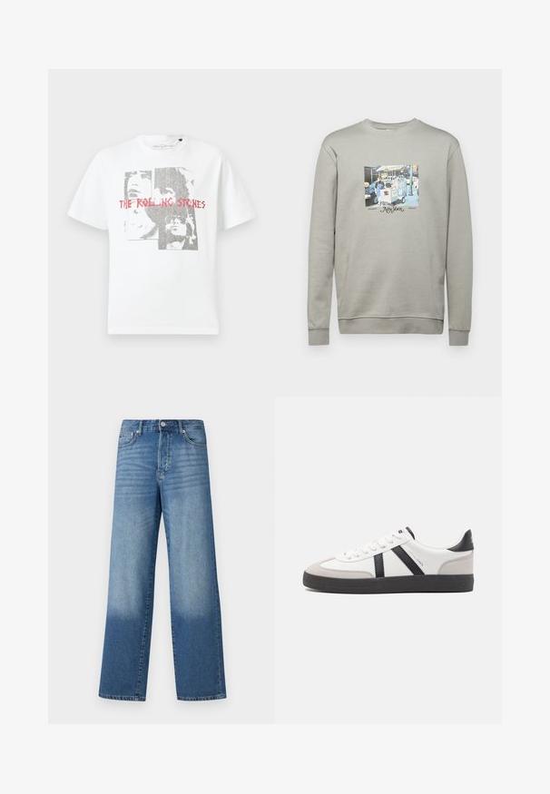 Grå sweatshirt lavet af bomuldsblanding; har et centralt grafisk print af en madvognsscene og teksten "New York" med dekorativ skrift.; Hvid bomulds T-shirt med et grafisk print af ansigter og teksten "THE ROLLING STONES" i rød. Rund hals og korte ærmer.; Blå højtaljede strækte jeans med falmede områder på lårerne og mørkere skygger nær kanten, synlig frontknap og lommer.; Hvide sneakers med sorte og grå detaljer, med en tekstureret grå tåhætte, sort gummisål og flade hvide snørebånd. Rent design, minimalistisk stil.