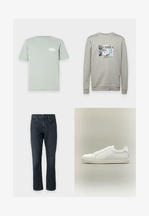 Grå sweatshirt lavet af bomuldsblanding; har et centralt grafisk print af en madvognsscene og teksten "New York" med dekorativ skrift.; Lys grøn t-shirt i bomuld med rund halsudskæring og korte ærmer. Har et hvidt logo "JACK & JONES" trykt på venstre bryst.; Mørkeblå denim jeans med lige pasform, fem-lomme design og knaplukning. Har diskret falmning og kontrastsyning.; Hvid lavtop sneaker med snørebånd foran og tyk sål, vist fra siden mod en neutral baggrund.