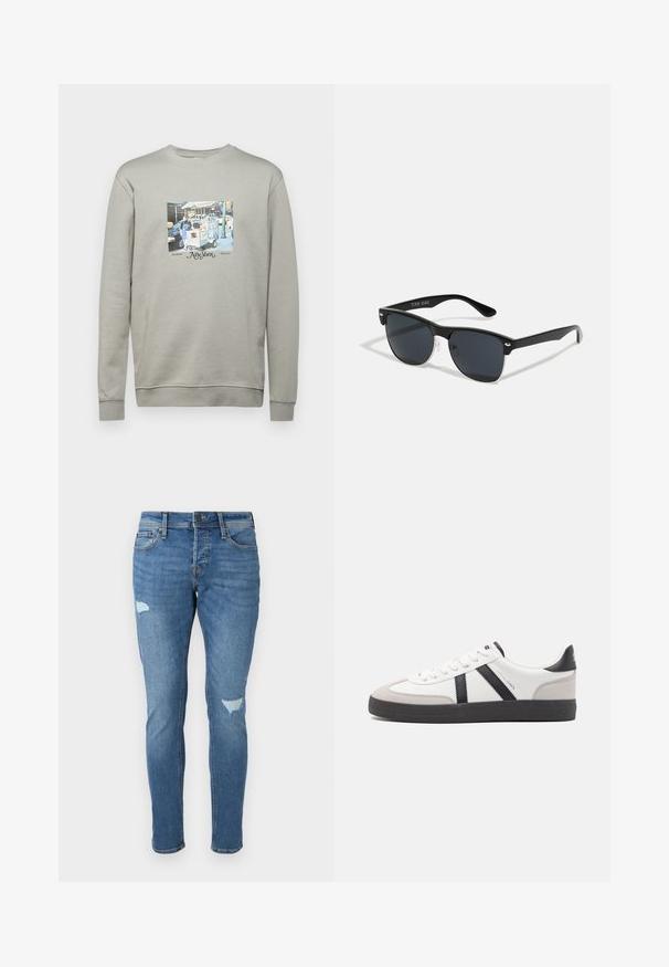 Grå sweatshirt lavet af bomuldsblanding; har et centralt grafisk print af en madvognsscene og teksten "New York" med dekorativ skrift.; Fadede blå denim jeans med slim fit, der har slidte områder ved knæene, en knaplukning og fem-lomme design.; Hvide sneakers med sorte og grå detaljer, med en tekstureret grå tåhætte, sort gummisål og flade hvide snørebånd. Rent design, minimalistisk stil.; Sorte solbriller med rektangulær form, mørke linser, sølvdetaljer ved tindingerne og en mat finish på stellet.