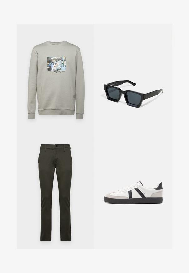 Grå sweatshirt lavet af bomuldsblanding; har et centralt grafisk print af en madvognsscene og teksten "New York" med dekorativ skrift.; Khaki chinos med en slank pasform, lavet af blødt bomuldsstof. Har en standard knaplukning og bæltestropper. Flad frontdesign.; Hvide sneakers med sorte og grå detaljer, med en tekstureret grå tåhætte, sort gummisål og flade hvide snørebånd. Rent design, minimalistisk stil.; Sorte rektangulære solbriller med mørke linser. Tyk, glat plastikramme med let blank finish og lige stænger.