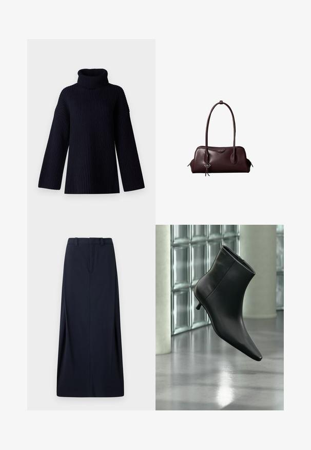 Marineblå turtleneck sweater med ribbet tekstur, brede ærmer og en afslappet pasform. Blødt materiale og minimalistisk design.; Mørkeblå lang nederdel lavet af vævet stof, med lige snit, bæltesløjfer og en skjult lynlås. Rene linjer og minimalistisk design.; Sort læderankelstøvle med spids tå og lav kitten-hæ, vist vinklet mod en poleret gulv- og glasblokvæg.; Mørkebrun lædertaske fra Calvin Klein med lange dobbelte håndtag og en lille logohængende ved det ene håndtag.