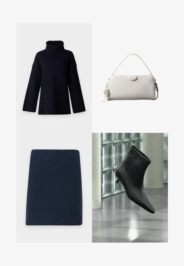Marineblå turtleneck sweater med ribbet tekstur, brede ærmer og en afslappet pasform. Blødt materiale og minimalistisk design.; Marine uld mini nederdel med en lige form, flade sømme og en glat tekstur. Ingen synlige mønstre eller udsmykninger.; Sort læderankelstøvle med spids tå og lav kitten-hæ, vist vinklet mod en poleret gulv- og glasblokvæg.; Hvid rektangulær Calvin Klein håndtaske med enkelt håndtag, minimalistisk design og dekorative kvaster med geometrisk metalvedhæng på siden.