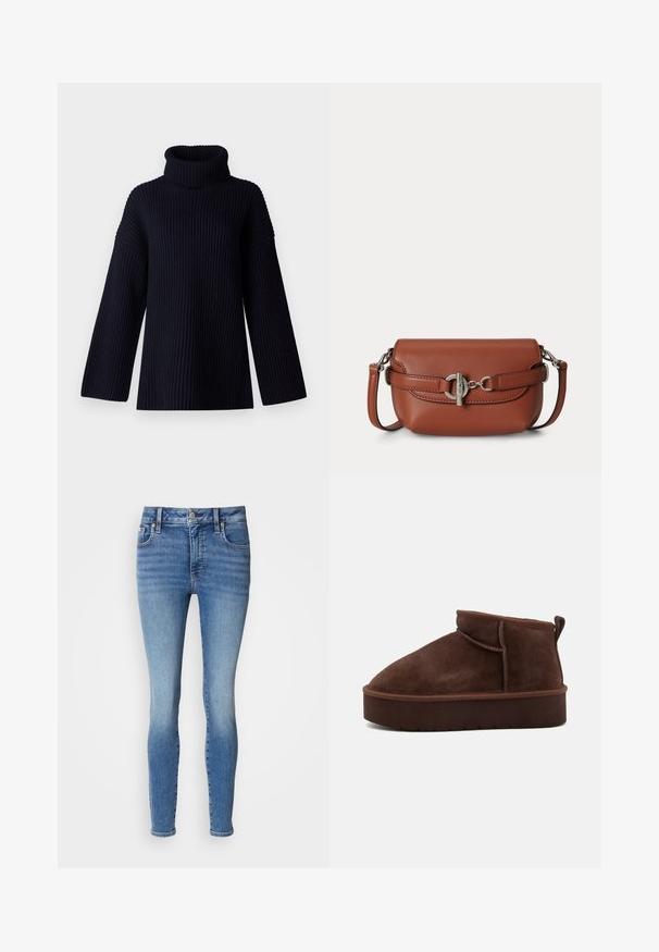 Dunkelblauer Rollkragensweater mit geripptem Material, weiten Ärmeln und lockerer Passform. Weiches Material und minimalistisches Design.; Blaue enge Jeans aus Denim mit einem verwaschenen Finish, ausgestattet mit fünf Taschen, Gürtelschlaufen und einem Knopfverschluss an der Taille.; Braune Wildleder-Stiefelette mit runder Spitze, weicher Oberfläche und dicker Plattformsohle. Verfügt über dezente Nähte und eine Lasche an der Rückseite.; Braune Leder-Umhängetasche mit silberfarbener Schnalle und verstellbarem Riemen vor einfachem hellem Hintergrund.