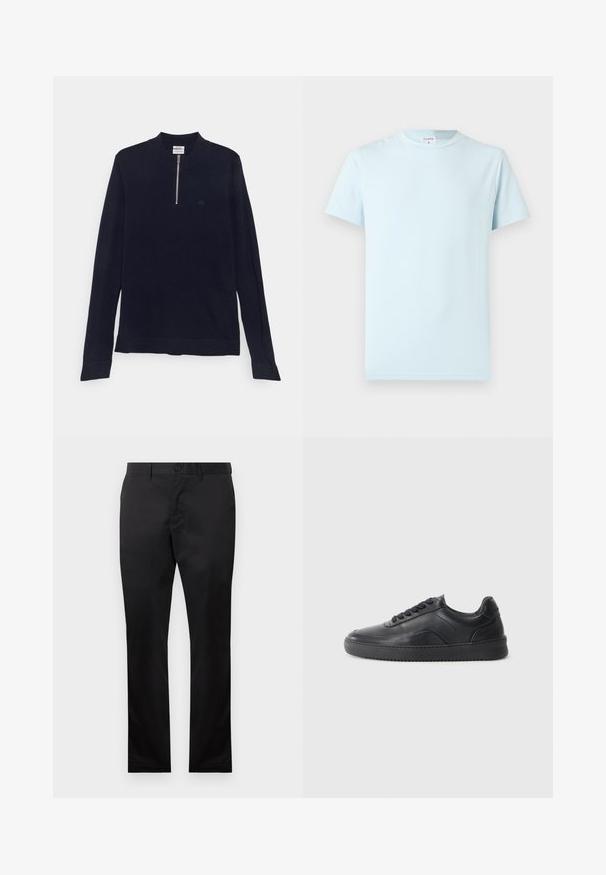 Lindbergh HALF ZIP MOCK NECK - Džemper - navy; Hele sinine lühikeste varrukatega T-särk, valmistatud pehmest puuvillast. Omaduseks on klassikaline ümarsäärus ning minimalistlik disain, ilma mustrite või aksentideta.; Mustad puuvillased püksid sirge jala disainiga, millel on ees nööp sulgemine ja küljetaskud, sile tekstuur, nähtavad mustrid puuduvad.; Must musta kingad sileda viimistlusega, ümar aadress, tekstuuriga külgpaneel ja mustad nöörid. Omab lame kummist tallat ja minimaalset disaini.