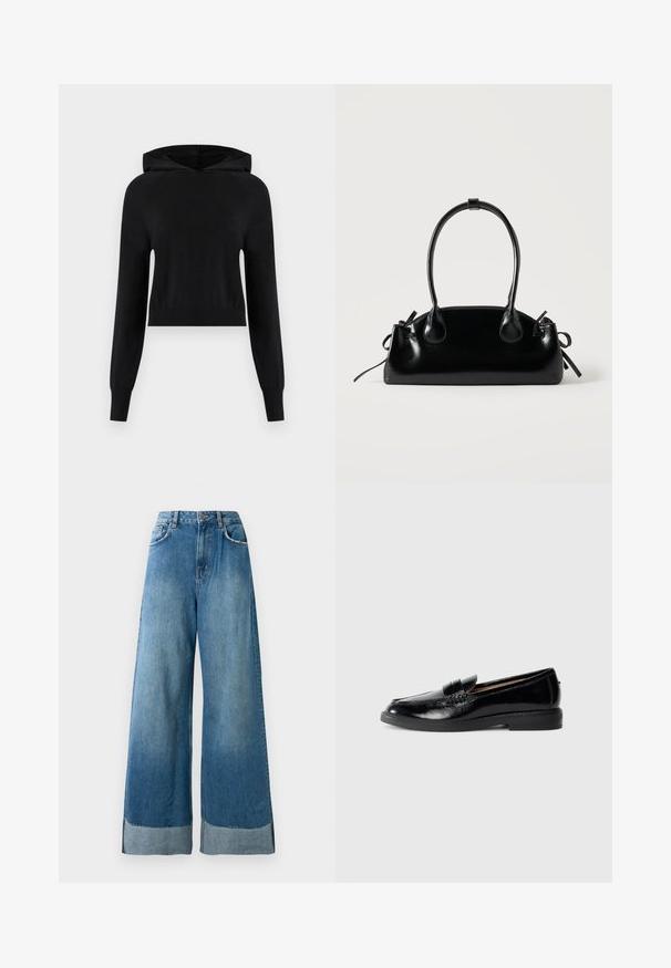 Hoodie noir à manches longues, court, avec poignets et ourlet côtelés, design uni, présenté sur fond blanc.; Jeans en denim bleu à taille haute et jambes larges avec poches avant, fermeture à bouton, et détails de l'ourlet en décoloration visible.; Mocassin en cuir noir verni avec bout arrondi, talon bas, sangle décorative et semelle lisse sur un fond gris clair uni.; Petit sac à main noir brillant avec deux longues anses et des détails à cordon sur les côtés sur un fond clair uni.