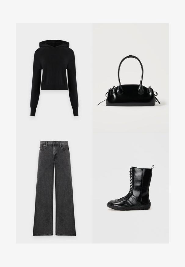 Hoodie noir à manches longues, court, avec poignets et ourlet côtelés, design uni, présenté sur fond blanc.; Jean en denim noir à jambes larges avec cinq poches et fermeture par boutons, présenté à plat sur un fond blanc.; Bottes en cuir noir avec une tige haute, devant lacé, semelle en caoutchouc et panneaux texturés. Offre une boucle pour un enfilage facile.; Petit sac à main noir brillant avec deux longues anses et des détails à cordon sur les côtés sur un fond clair uni.