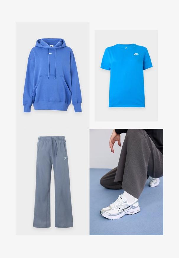 Sweat à capuche Nike bleu avec poche kangourou à l'avant, capuche à cordon de serrage, poignets côtelés et petit logo Nike swoosh blanc sur la poitrine.; T-shirt Nike bleu à manches courtes avec col rond et logo Nike blanc sur la partie supérieure gauche de la poitrine, sur un fond uni.; Pantalons de survêtement Nike en polaire bleu clair avec taille élastique, cordon de serrage, jambes larges et logo blanc sur la cuisse gauche.; Baskets de sport blanches et argentées avec des matériaux en maille et synthétiques, dotées de lignes d'accent noir, de lacets et de semelles texturées.
