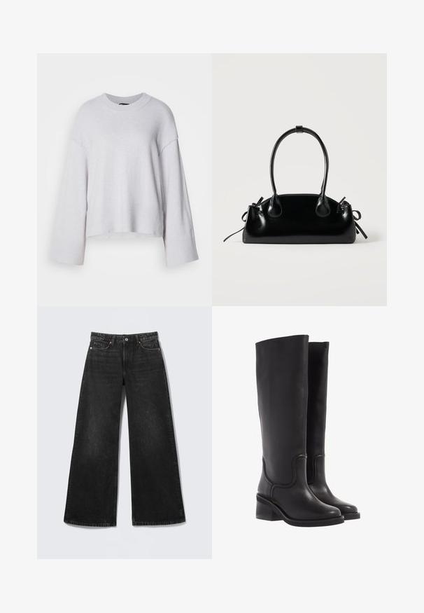 Lys grå sweater lavet af blødt strikket stof, med rund halsudskæring, brede ærmer og en cropped nederdel. Enkelt design uden mønstre.; Sorte jeans med vide ben, fem lommer og knappelukning, vist fladt på en lys baggrund.; Sorte læder knæ-høje støvler med en glat tekstur, rund tå og en chunky hæl. Har diskret syninger og et strømlinet design.; Lille sort blank håndtaske med to lange håndtag og snøre-detaljer i siden på en ensfarvet lys baggrund.