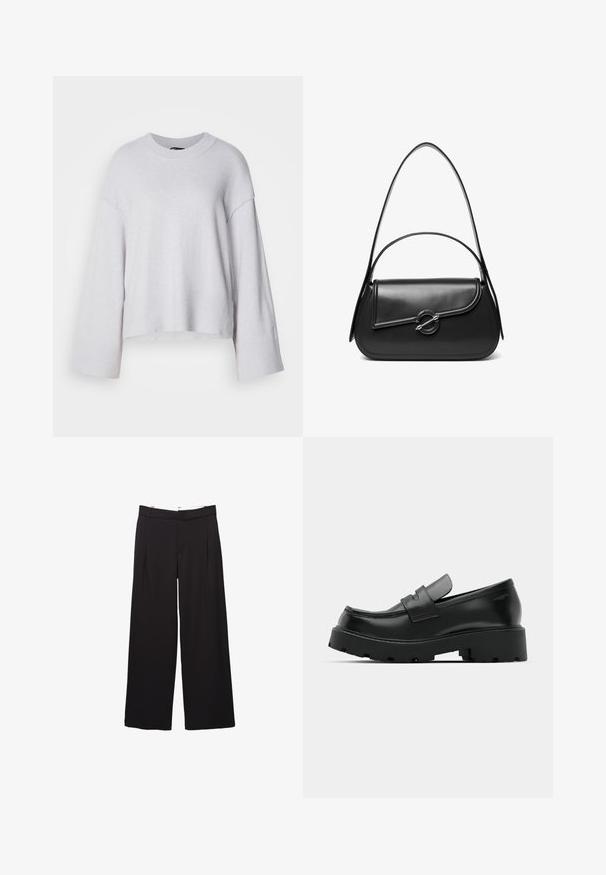 Lys grå sweater lavet af blødt strikket stof, med rund halsudskæring, brede ærmer og en cropped nederdel. Enkelt design uden mønstre.; Sorte bukser med vide ben, fordele foran og bæltestropper, skræddersyet pasform, talje i mellemhøjde og skjult lukning foran.; Sorte læder loafers med en chunky tekstureret sål, der har en rem over vamps og en glat, poleret finish.; Sort skuldertaske i læder med en buet klap, der er fastgjort med en rund metal spænde, og en slank, justerbar rem.
