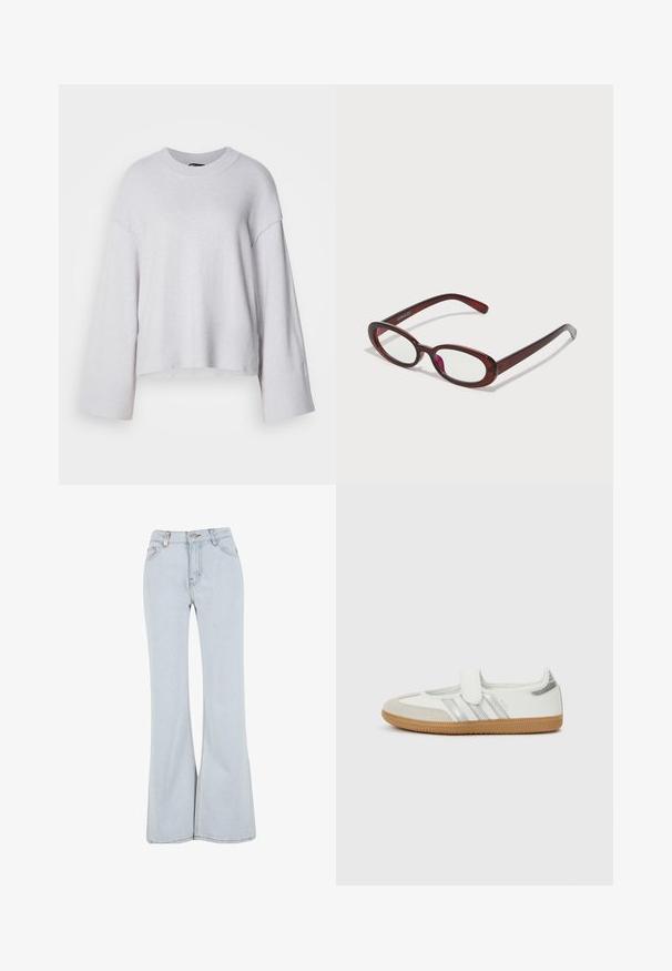 Lys grå sweater lavet af blødt strikket stof, med rund halsudskæring, brede ærmer og en cropped nederdel. Enkelt design uden mønstre.; Lyseblå udsvingende jeans lavet af denim med høj talje, fem lommer og kontrasterende syninger langs sømmene.; Hvid sneaker med sølvstriber, ruskindsspids og velcrolukning. Sål af tekstureret gummimateriale. Minimalistisk design med glat finish.; Ovale røde solbriller med klare linser og slanke brune stel. Designet har subtile kurver og minimalt hardware.