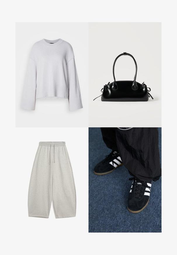 Lichtgrijze trui van zacht gebreid materiaal, met een ronde hals, brede mouwen en een cropped zoom. Eenvoudig ontwerp zonder patronen.; Lichtgrijze wijde sweatpants met elastische tailleband en trekkoord, voorzien van zijzakken en een ontspannen pasvorm.; Zwarte suède sportschoenen met drie witte strepen en zwarte veters. Een gestructureerde zwarte broek is deels zichtbaar naast de schoenen.; Kleine zwarte glanzende handtas met twee lange hengsels en zijkant trekkoord details op een effen lichte achtergrond.
