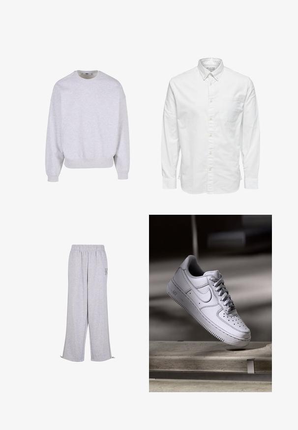 Sudadera gris claro hecha de una mezcla de algodón, con cuello redondo, hombros caídos y puños y dobladillo de canalé.; Camisa blanca de manga larga con botones, cuello y bolsillo en el pecho, con la etiqueta "Selected Homme" en el interior del cuello.; Karl Kani Pantalones deportivos - grey; Zapatilla Nike Air Force 1 de cuero blanco que presenta una puntera perforada, cordones planos y una suela de goma texturizada con la marca "AIR" en el lateral.
