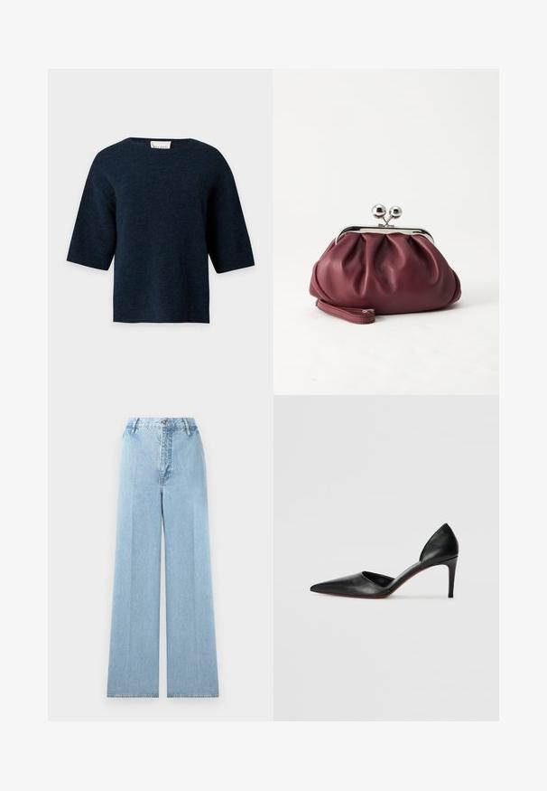Donker marineblauwe korte mouwen gebreide trui met een ronde hals en een rechte zoom, weergegeven tegen een effen lichte achtergrond.; Lichtblauwe wijde jeans gemaakt van denim met een hoge taille, voorzien van vijf riemlussen, een voorknopsluiting en gestikte naden.; Zwarte leren hoge hakken met een spitse neus, open zijkanten en een slanke uitstraling. Beschikt over een dunne hak en een rode zoolaccent.; Kleine bordeauxrode leren clutch-portemonnee met zilverkleurige metalen sluiting en polsbandje op een witte achtergrond.